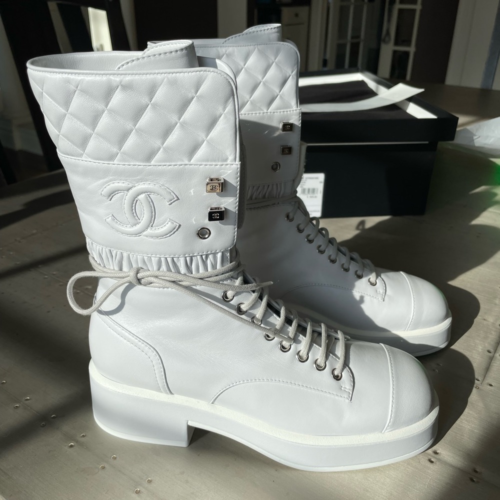 Chanel white combat boots boot military all white sold out quilted sz 38.5
